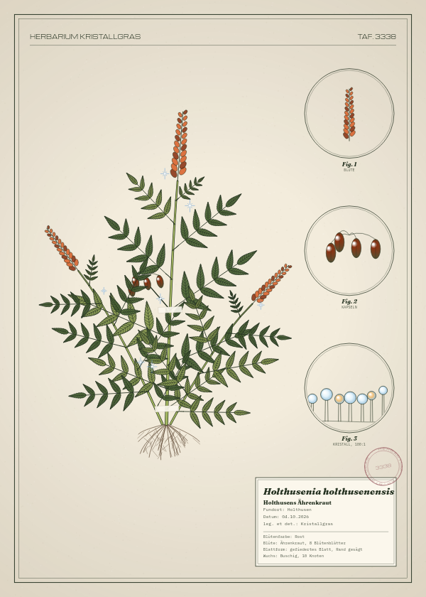 Botanische Tafel: Holthusenia holthusenensis, eine erfundene Pflanze aus Holthusen, gezeichnet wie in einem alten Pflanzenatlas
