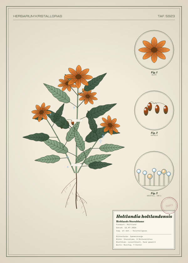 Botanische Tafel: Holtlandia holtlandensis, eine erfundene Pflanze aus Holtland, gezeichnet wie in einem alten Pflanzenatlas