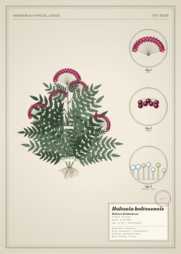 Botanische Tafel: Holtseia holtseensis, eine erfundene Pflanze aus Holtsee, gezeichnet wie in einem alten Pflanzenatlas