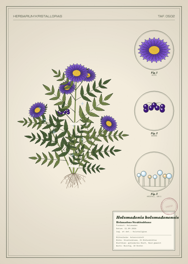 Botanische Tafel: Holzmadenia holzmadenensis, eine erfundene Pflanze aus Holzmaden, gezeichnet wie in einem alten Pflanzenatlas