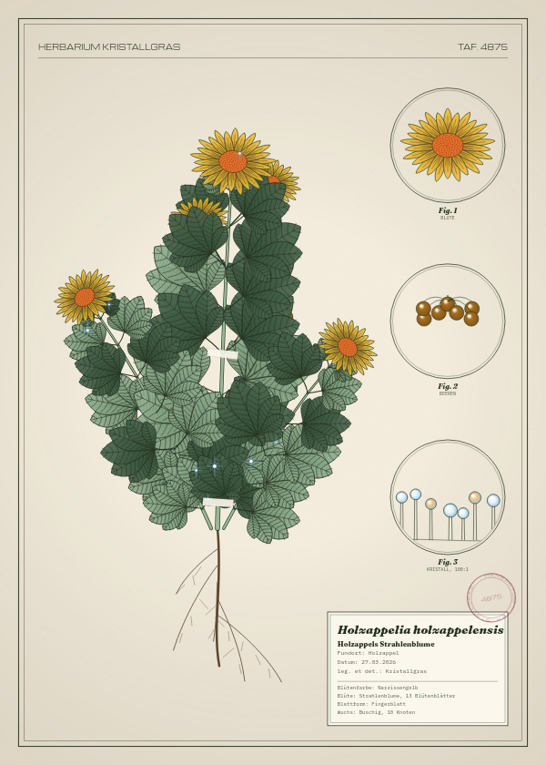 Botanische Tafel: Holzappelia holzappelensis, eine erfundene Pflanze aus Holzappel, gezeichnet wie in einem alten Pflanzenatlas