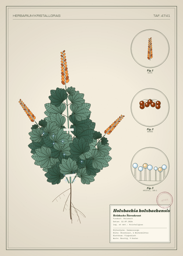 Botanische Tafel: Holzbachia holzbachensis, eine erfundene Pflanze aus Holzbach, gezeichnet wie in einem alten Pflanzenatlas