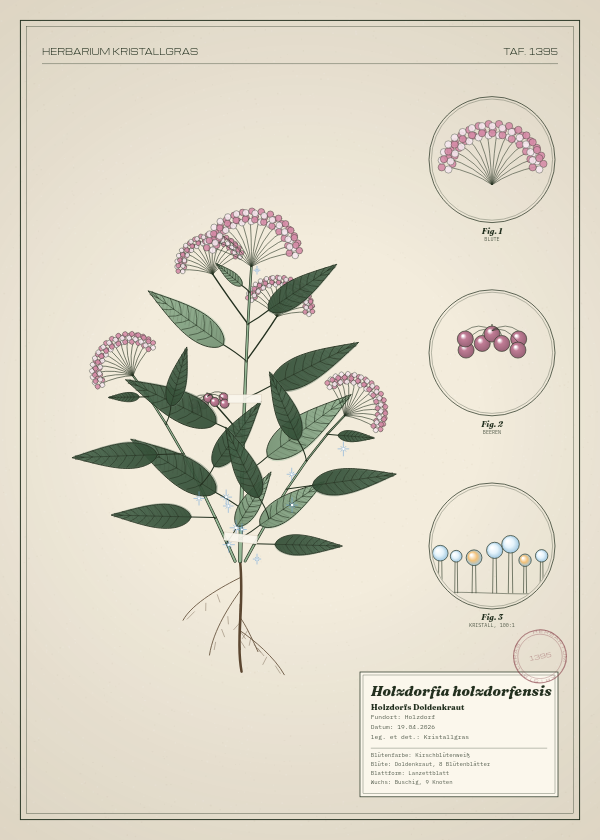 Botanische Tafel: Holzdorfia holzdorfensis, eine erfundene Pflanze aus Holzdorf, gezeichnet wie in einem alten Pflanzenatlas