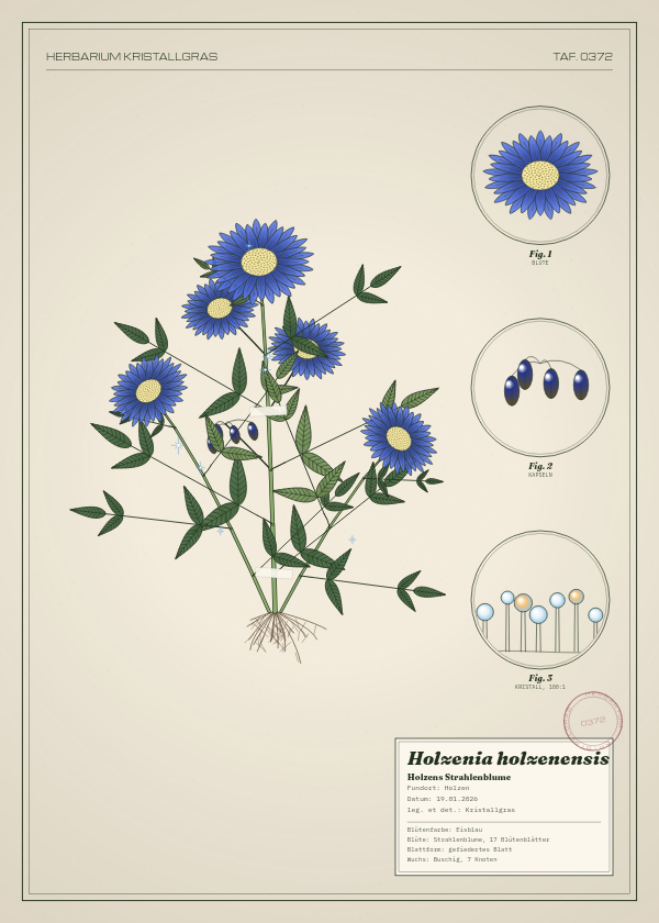 Botanische Tafel: Holzenia holzenensis, eine erfundene Pflanze aus Holzen, gezeichnet wie in einem alten Pflanzenatlas