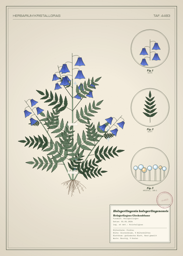 Botanische Tafel: Holzgerlingenia holzgerlingenensis, eine erfundene Pflanze aus Holzgerlingen, gezeichnet wie in einem alten Pflanzenatlas