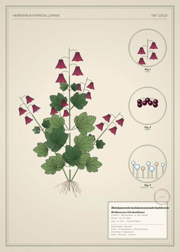 Botanische Tafel: Holzhausenia holzhausenanderhaidensis, eine erfundene Pflanze aus Holzhausen an der Haide, gezeichnet wie in einem alten Pflanzenatlas