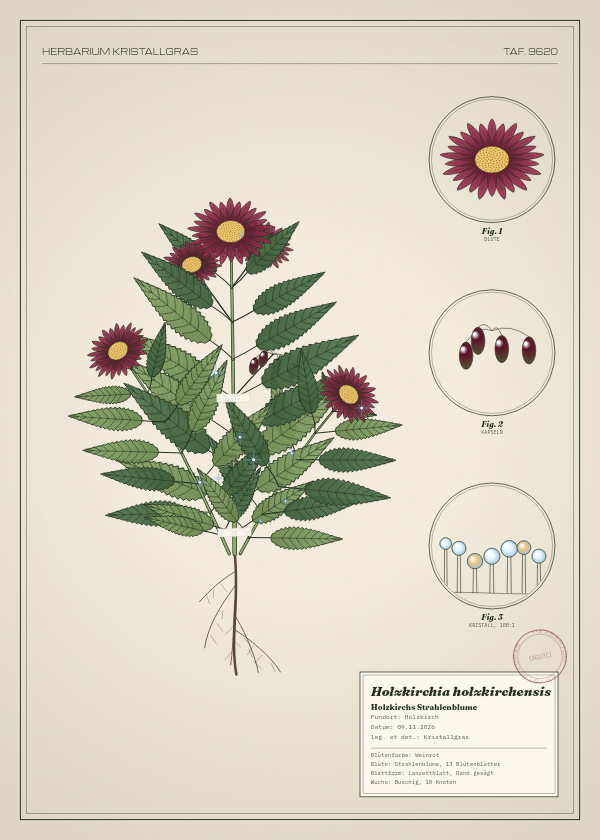 Botanische Tafel: Holzkirchia holzkirchensis, eine erfundene Pflanze aus Holzkirch, gezeichnet wie in einem alten Pflanzenatlas