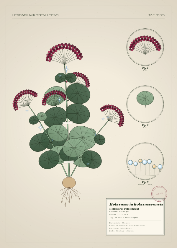 Botanische Tafel: Holzsussria holzsussrensis, eine erfundene Pflanze aus Holzsußra, gezeichnet wie in einem alten Pflanzenatlas