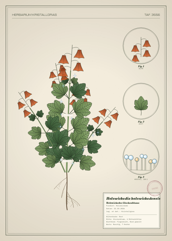 Botanische Tafel: Holzwickedia holzwickedensis, eine erfundene Pflanze aus Holzwickede, gezeichnet wie in einem alten Pflanzenatlas
