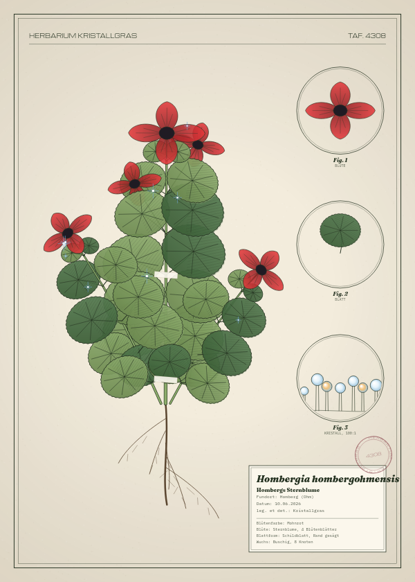 Botanische Tafel: Hombergia hombergohmensis, eine erfundene Pflanze aus Homberg (Ohm), gezeichnet wie in einem alten Pflanzenatlas