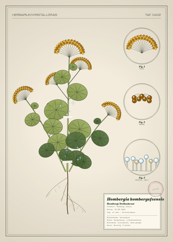 Botanische Tafel: Hombergia hombergefzensis, eine erfundene Pflanze aus Homberg (Efze), gezeichnet wie in einem alten Pflanzenatlas