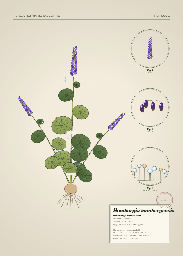Botanische Tafel: Hombergia hombergensis, eine erfundene Pflanze aus Homberg, gezeichnet wie in einem alten Pflanzenatlas