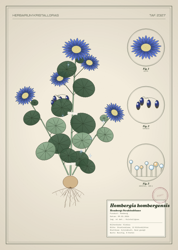 Botanische Tafel: Hombergia hombergensis, eine erfundene Pflanze aus Homberg, gezeichnet wie in einem alten Pflanzenatlas