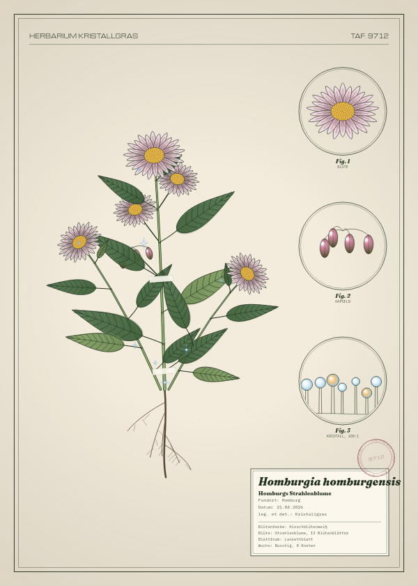 Botanische Tafel: Homburgia homburgensis, eine erfundene Pflanze aus Homburg, gezeichnet wie in einem alten Pflanzenatlas