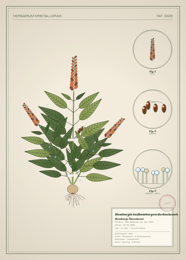 Botanische Tafel: Homburgia badhomburgvorderhoehensis, eine erfundene Pflanze aus Bad Homburg vor der Höhe, gezeichnet wie in einem alten Pflanzenatlas