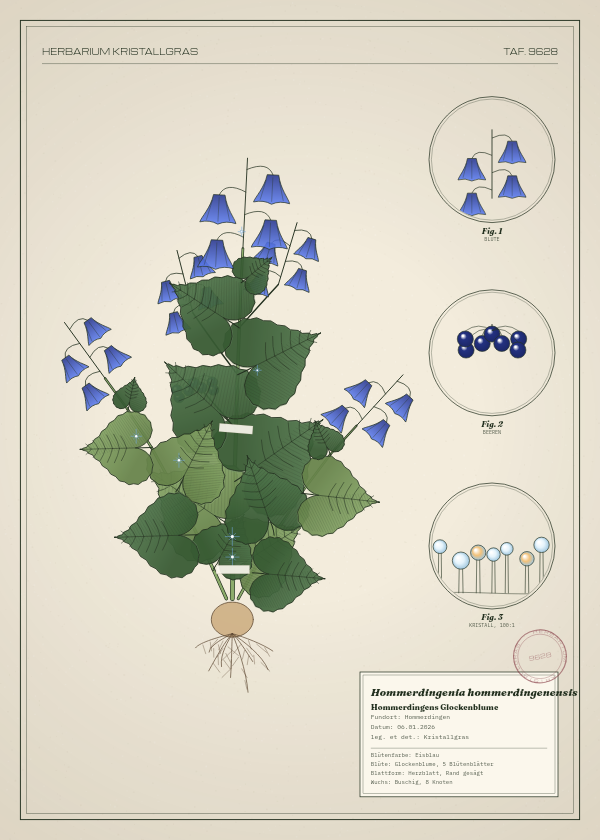 Botanische Tafel: Hommerdingenia hommerdingenensis, eine erfundene Pflanze aus Hommerdingen, gezeichnet wie in einem alten Pflanzenatlas