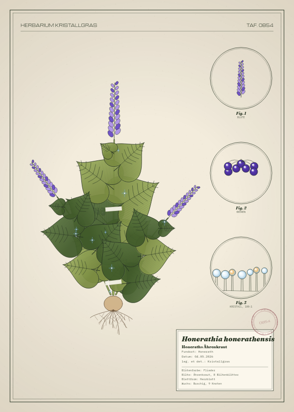 Botanische Tafel: Honerathia honerathensis, eine erfundene Pflanze aus Honerath, gezeichnet wie in einem alten Pflanzenatlas
