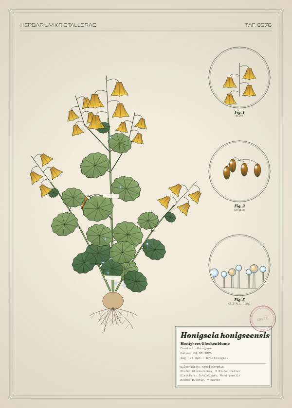 Botanische Tafel: Honigseia honigseensis, eine erfundene Pflanze aus Honigsee, gezeichnet wie in einem alten Pflanzenatlas