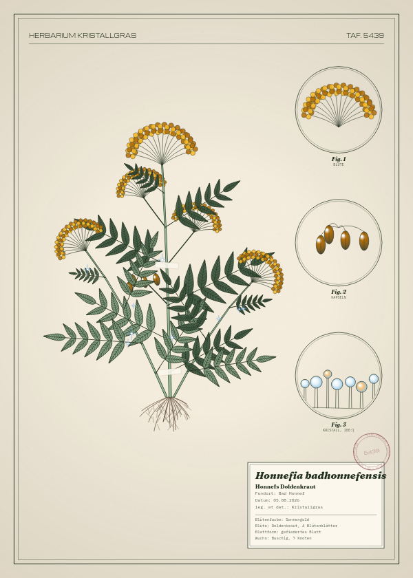 Botanische Tafel: Honnefia badhonnefensis, eine erfundene Pflanze aus Bad Honnef, gezeichnet wie in einem alten Pflanzenatlas