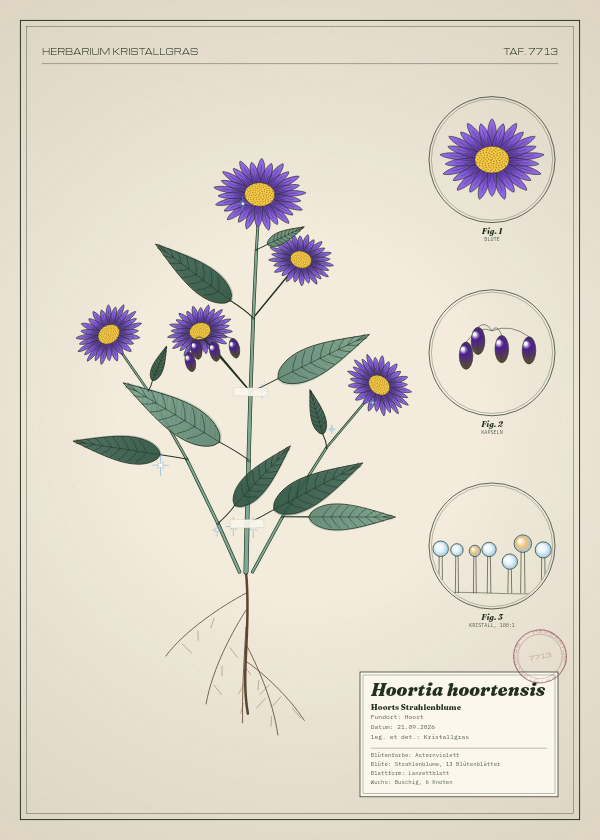 Botanische Tafel: Hoortia hoortensis, eine erfundene Pflanze aus Hoort, gezeichnet wie in einem alten Pflanzenatlas