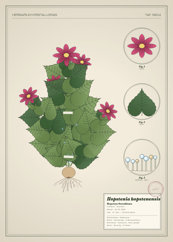Botanische Tafel: Hopstenia hopstenensis, eine erfundene Pflanze aus Hopsten, gezeichnet wie in einem alten Pflanzenatlas