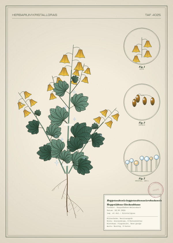 Botanische Tafel: Hoppstaedtenia hoppstaedtenweiersbachensis, eine erfundene Pflanze aus Hoppstädten-Weiersbach, gezeichnet wie in einem alten Pflanzenatlas
