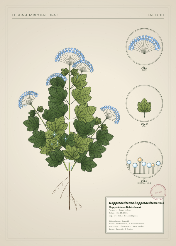 Botanische Tafel: Hoppstaedtenia hoppstaedtenensis, eine erfundene Pflanze aus Hoppstädten, gezeichnet wie in einem alten Pflanzenatlas