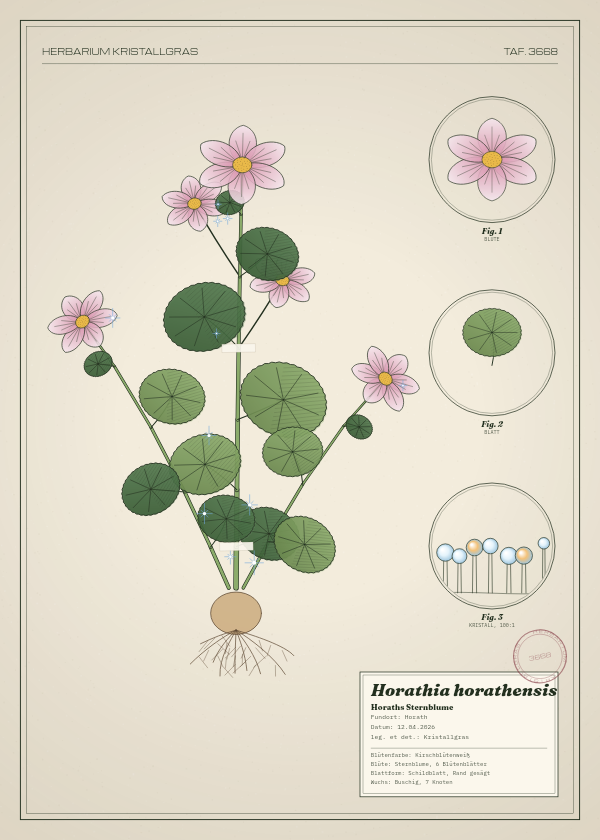 Botanische Tafel: Horathia horathensis, eine erfundene Pflanze aus Horath, gezeichnet wie in einem alten Pflanzenatlas