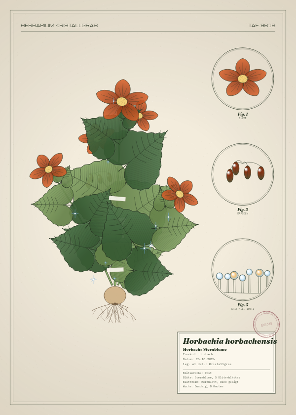 Botanische Tafel: Horbachia horbachensis, eine erfundene Pflanze aus Horbach, gezeichnet wie in einem alten Pflanzenatlas