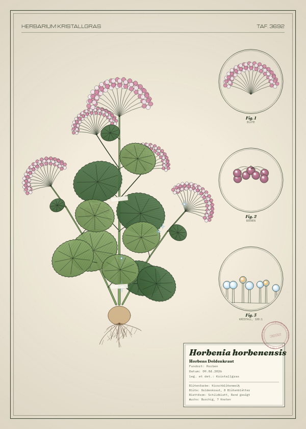 Botanische Tafel: Horbenia horbenensis, eine erfundene Pflanze aus Horben, gezeichnet wie in einem alten Pflanzenatlas