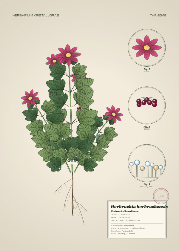 Botanische Tafel: Horbruchia horbruchensis, eine erfundene Pflanze aus Horbruch, gezeichnet wie in einem alten Pflanzenatlas
