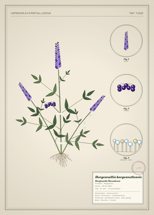 Botanische Tafel: Horgenzellia horgenzellensis, eine erfundene Pflanze aus Horgenzell, gezeichnet wie in einem alten Pflanzenatlas