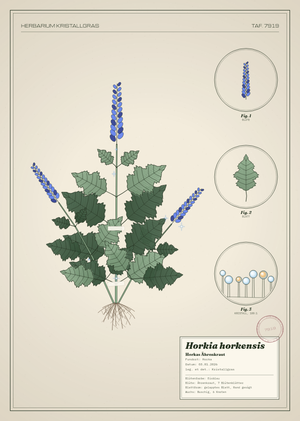 Botanische Tafel: Horkia horkensis, eine erfundene Pflanze aus Horka, gezeichnet wie in einem alten Pflanzenatlas