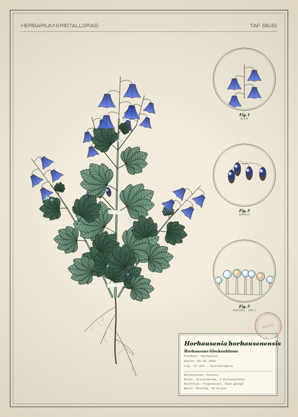 Botanische Tafel: Horhausenia horhausenensis, eine erfundene Pflanze aus Horhausen, gezeichnet wie in einem alten Pflanzenatlas