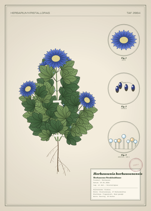 Botanische Tafel: Horhausenia horhausenensis, eine erfundene Pflanze aus Horhausen, gezeichnet wie in einem alten Pflanzenatlas