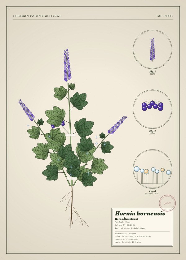 Botanische Tafel: Hornia hornensis, eine erfundene Pflanze aus Horn, gezeichnet wie in einem alten Pflanzenatlas