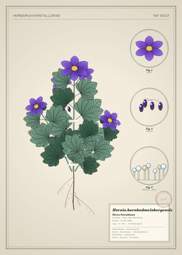 Botanische Tafel: Hornia hornbadmeinbergensis, eine erfundene Pflanze aus Horn-Bad Meinberg, gezeichnet wie in einem alten Pflanzenatlas