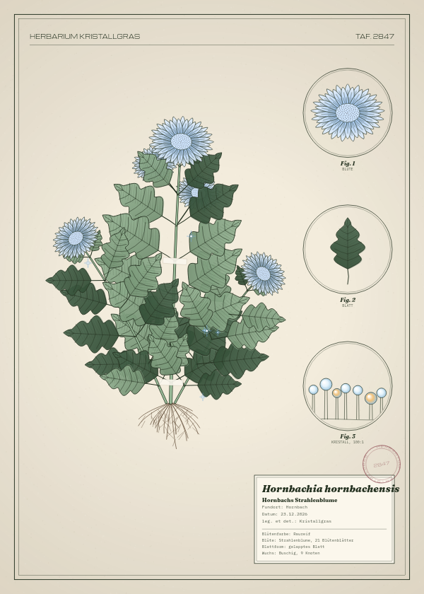 Botanische Tafel: Hornbachia hornbachensis, eine erfundene Pflanze aus Hornbach, gezeichnet wie in einem alten Pflanzenatlas