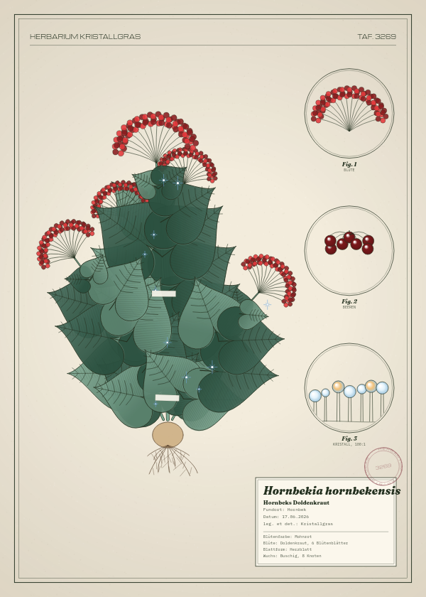 Botanische Tafel: Hornbekia hornbekensis, eine erfundene Pflanze aus Hornbek, gezeichnet wie in einem alten Pflanzenatlas