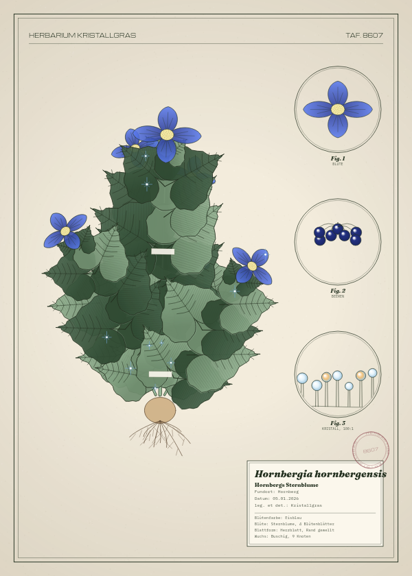 Botanische Tafel: Hornbergia hornbergensis, eine erfundene Pflanze aus Hornberg, gezeichnet wie in einem alten Pflanzenatlas