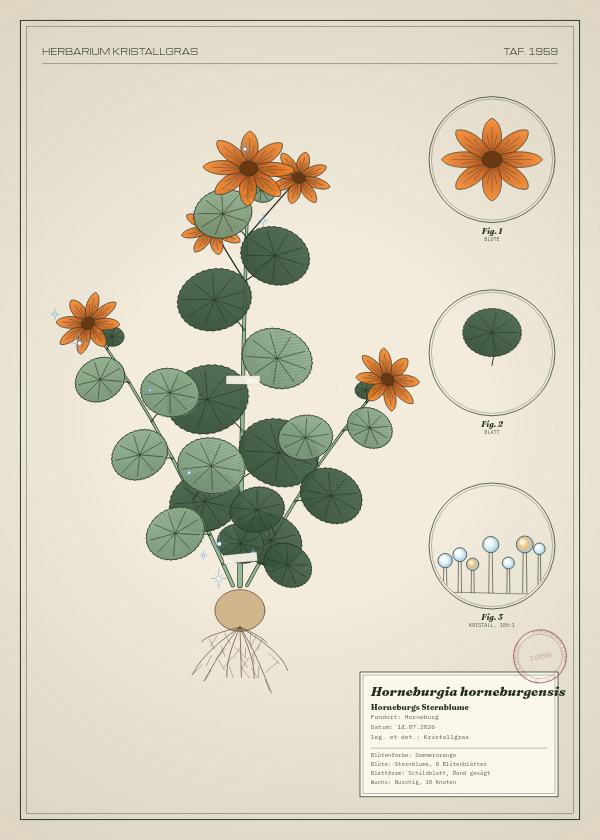 Botanische Tafel: Horneburgia horneburgensis, eine erfundene Pflanze aus Horneburg, gezeichnet wie in einem alten Pflanzenatlas