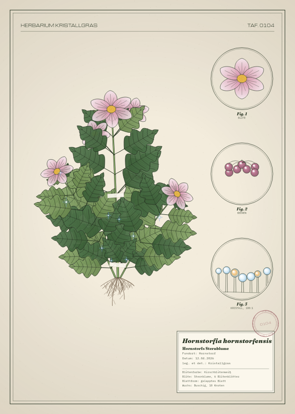 Botanische Tafel: Hornstorfia hornstorfensis, eine erfundene Pflanze aus Hornstorf, gezeichnet wie in einem alten Pflanzenatlas