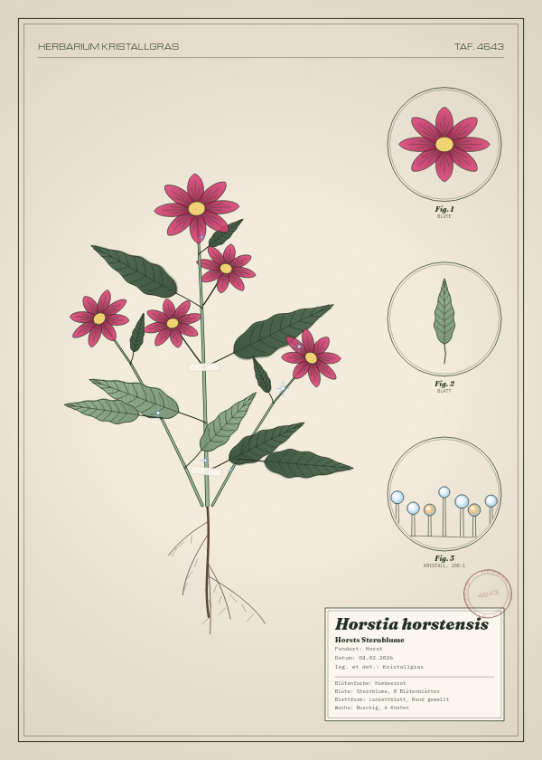 Botanische Tafel: Horstia horstensis, eine erfundene Pflanze aus Horst, gezeichnet wie in einem alten Pflanzenatlas