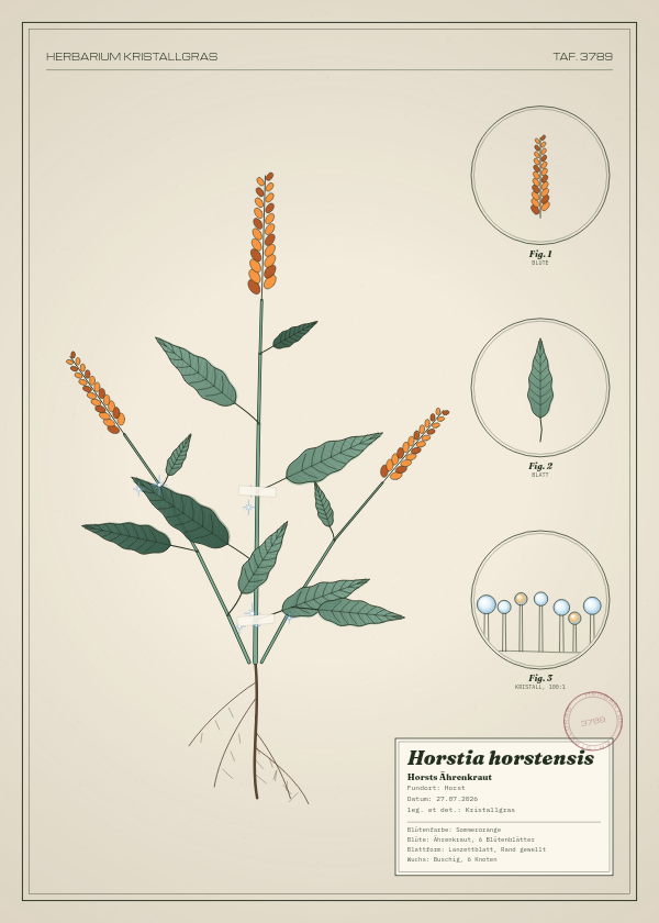 Botanische Tafel: Horstia horstensis, eine erfundene Pflanze aus Horst, gezeichnet wie in einem alten Pflanzenatlas