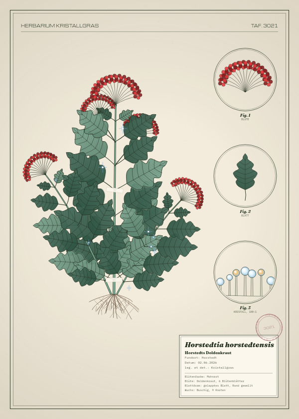 Botanische Tafel: Horstedtia horstedtensis, eine erfundene Pflanze aus Horstedt, gezeichnet wie in einem alten Pflanzenatlas