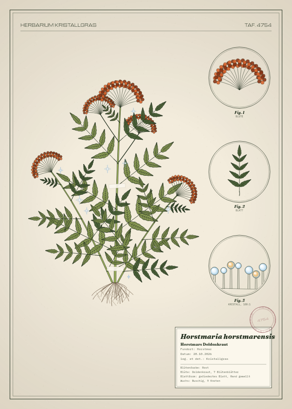 Botanische Tafel: Horstmaria horstmarensis, eine erfundene Pflanze aus Horstmar, gezeichnet wie in einem alten Pflanzenatlas