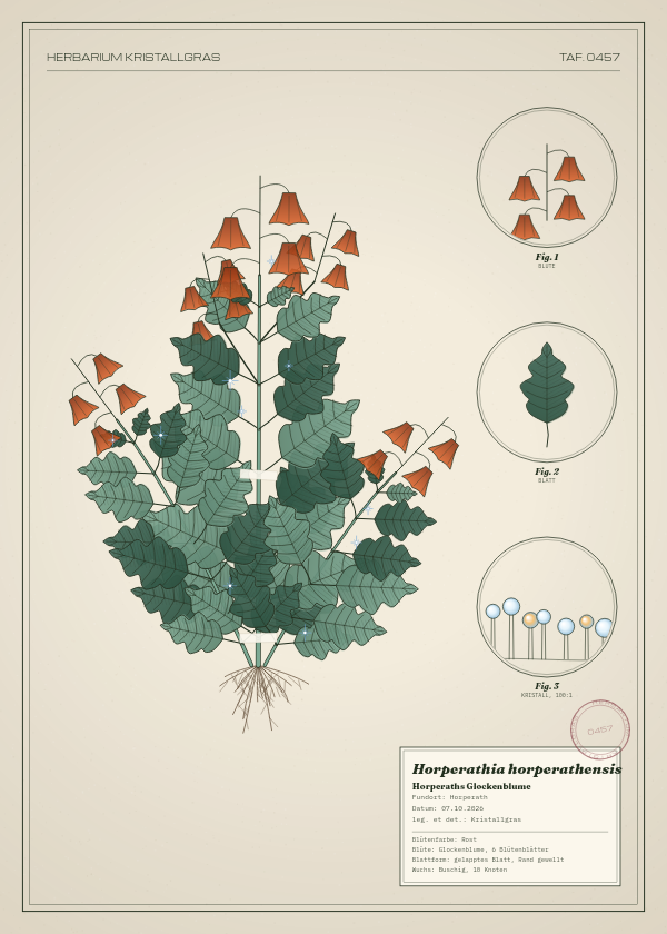 Botanische Tafel: Horperathia horperathensis, eine erfundene Pflanze aus Horperath, gezeichnet wie in einem alten Pflanzenatlas
