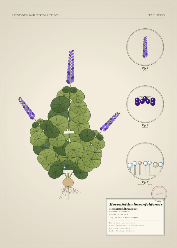 Botanische Tafel: Hosenfeldia hosenfeldensis, eine erfundene Pflanze aus Hosenfeld, gezeichnet wie in einem alten Pflanzenatlas