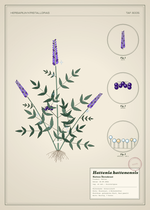 Botanische Tafel: Hattenia hattenensis, eine erfundene Pflanze aus Hatten, gezeichnet wie in einem alten Pflanzenatlas