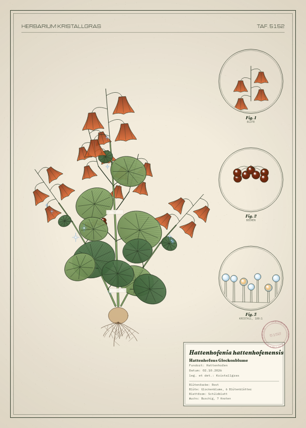 Botanische Tafel: Hattenhofenia hattenhofenensis, eine erfundene Pflanze aus Hattenhofen, gezeichnet wie in einem alten Pflanzenatlas